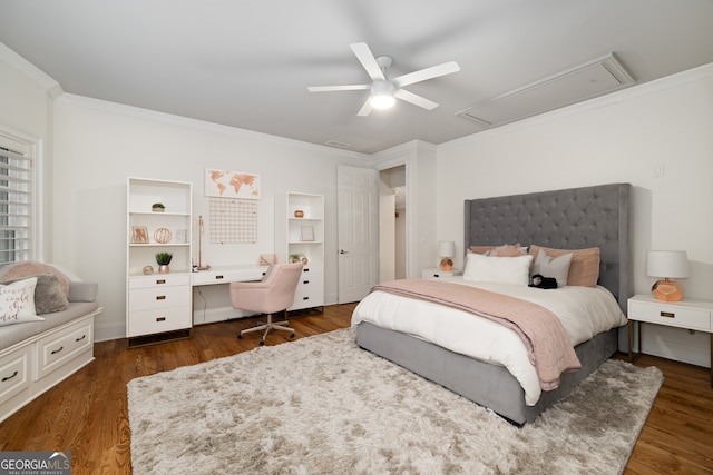 bedroom with ceiling fan, ornamental molding, and dark hardwood / wood-style floors