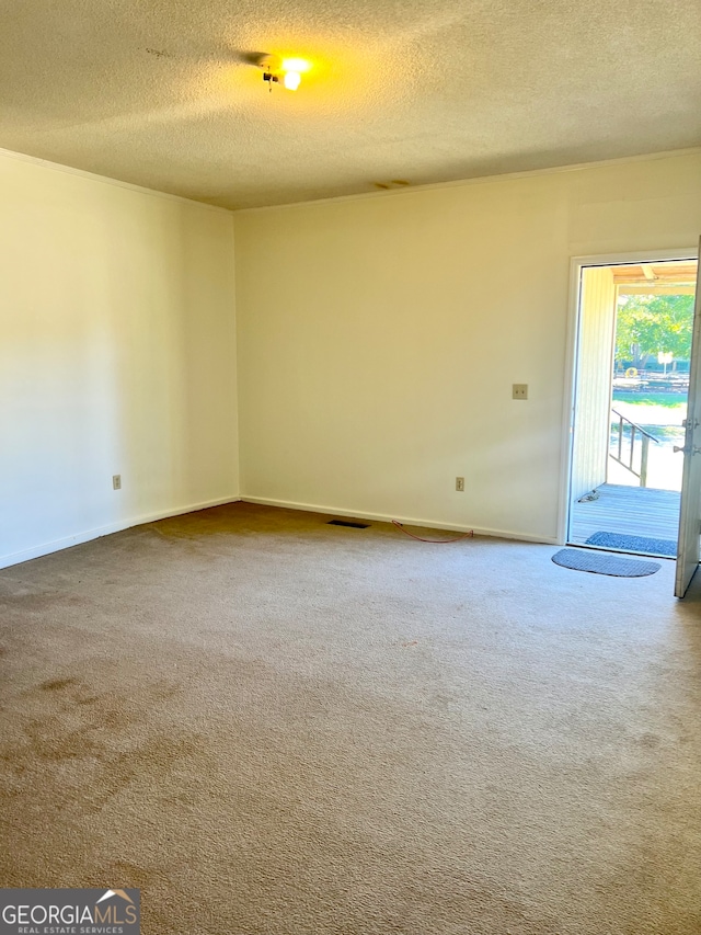 spare room featuring carpet floors and a textured ceiling