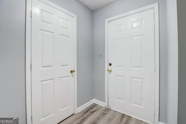 entryway featuring a textured ceiling and light wood-type flooring