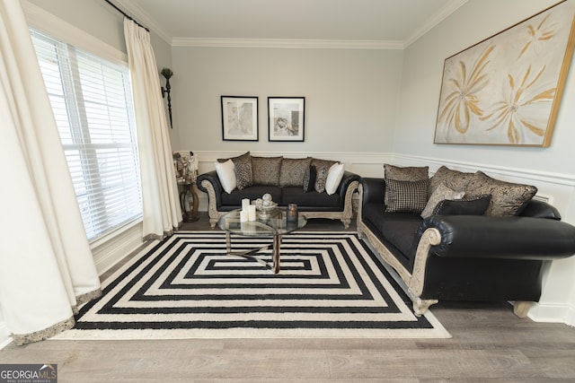 living room featuring hardwood / wood-style floors and ornamental molding