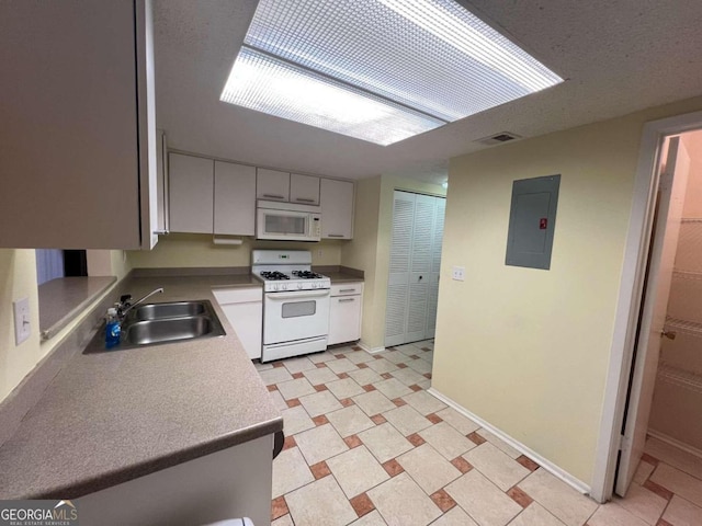 kitchen featuring sink, electric panel, and white appliances