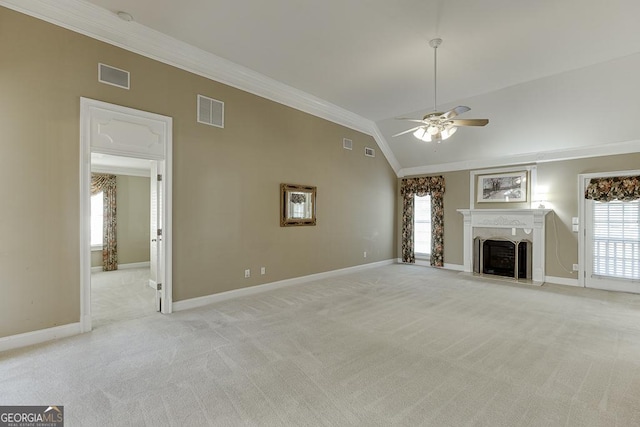 unfurnished living room with a ceiling fan, baseboards, ornamental molding, and visible vents
