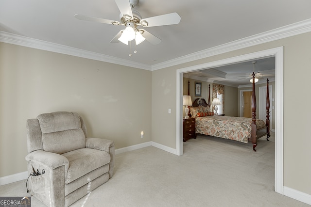 bedroom featuring ornamental molding, light carpet, and ceiling fan