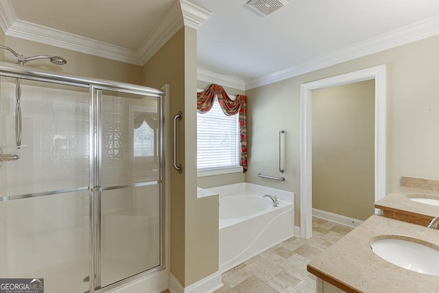bathroom featuring a garden tub, crown molding, a stall shower, vanity, and visible vents