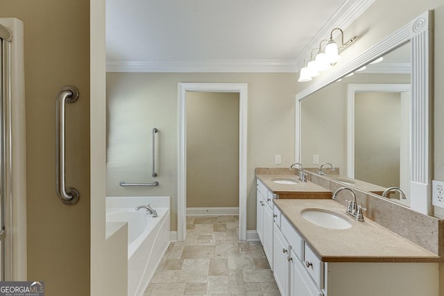 full bath featuring double vanity, a garden tub, a sink, and ornamental molding