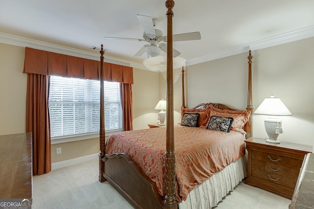 bedroom with a ceiling fan, crown molding, baseboards, and light carpet