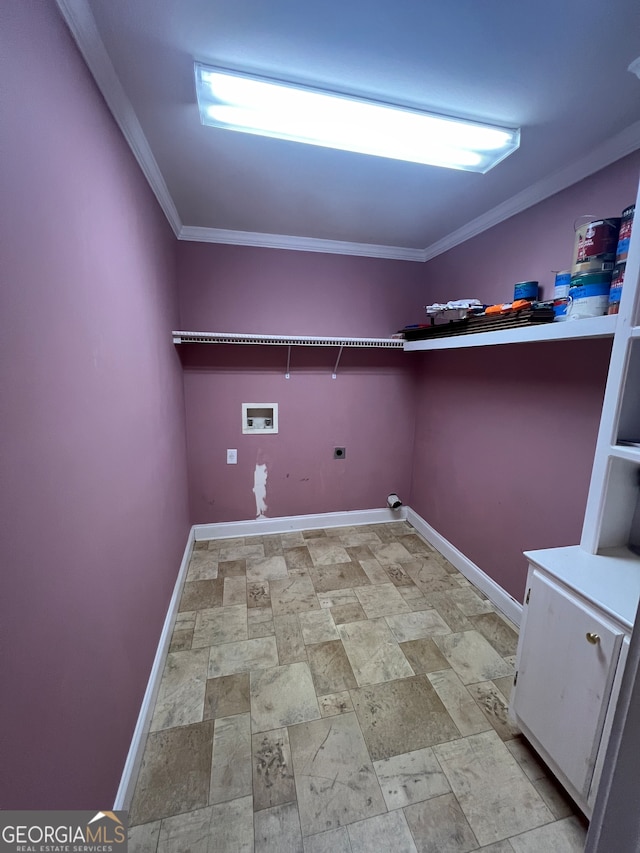 clothes washing area featuring hookup for an electric dryer, ornamental molding, and hookup for a washing machine