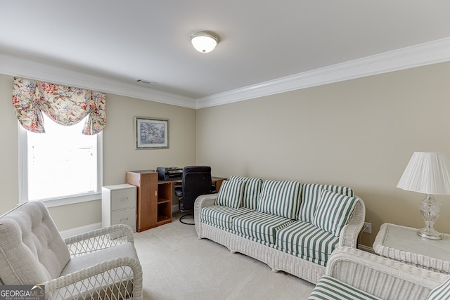 carpeted home office with ornamental molding