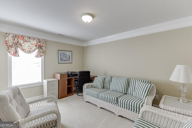 living room featuring carpet floors, crown molding, and visible vents