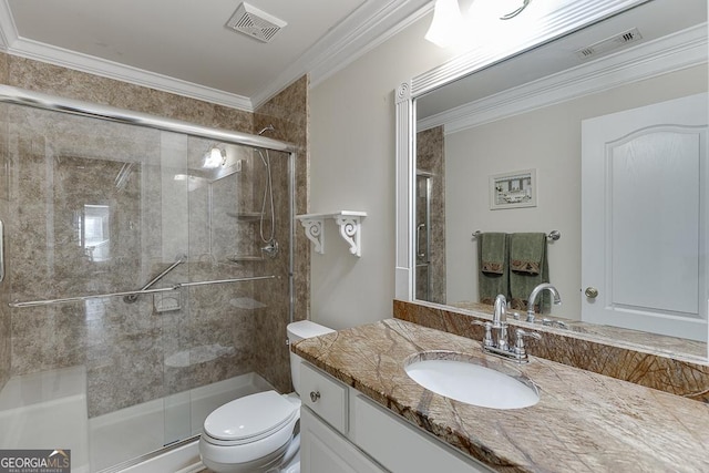 full bathroom with toilet, ornamental molding, visible vents, and a stall shower