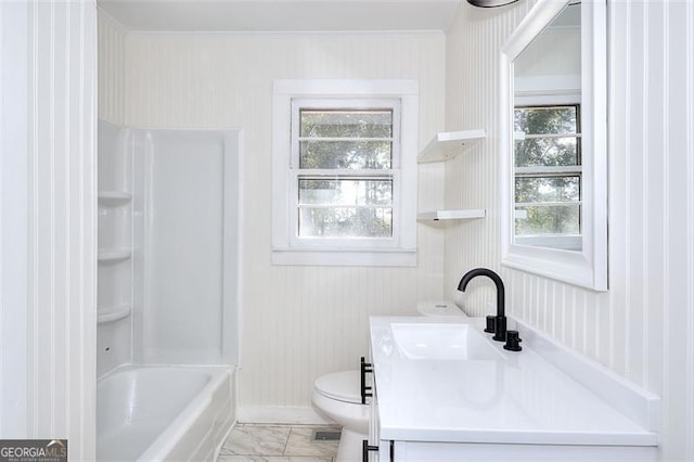 full bathroom featuring vanity, toilet, and tub / shower combination