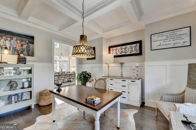 office featuring crown molding, coffered ceiling, beamed ceiling, and dark hardwood / wood-style floors