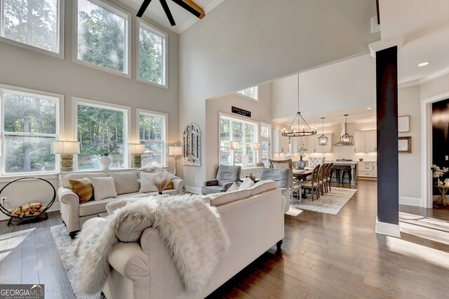 living room featuring high vaulted ceiling, plenty of natural light, and dark hardwood / wood-style floors