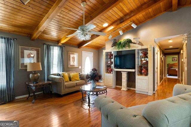 living room featuring hardwood / wood-style flooring, lofted ceiling with beams, wood ceiling, and ceiling fan