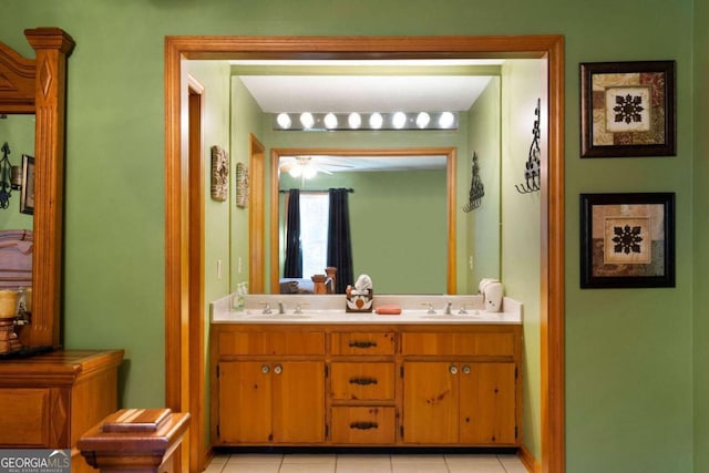 bathroom featuring vanity, tile patterned floors, and ceiling fan