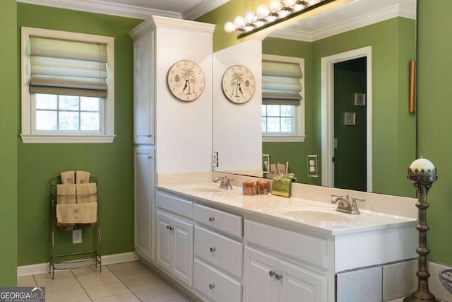 bathroom featuring vanity, ornamental molding, and tile patterned flooring