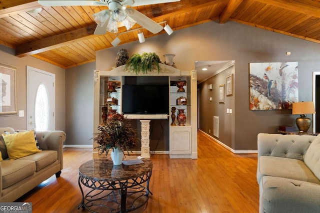 living room featuring vaulted ceiling with beams, light hardwood / wood-style flooring, wooden ceiling, and ceiling fan