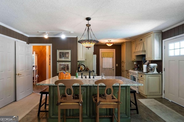 kitchen featuring cream cabinetry, a breakfast bar area, pendant lighting, and a center island with sink