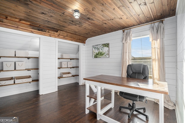 home office with wooden walls, wood ceiling, and dark hardwood / wood-style flooring