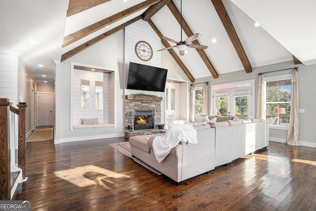 living room featuring a fireplace, ceiling fan, beam ceiling, high vaulted ceiling, and dark hardwood / wood-style floors