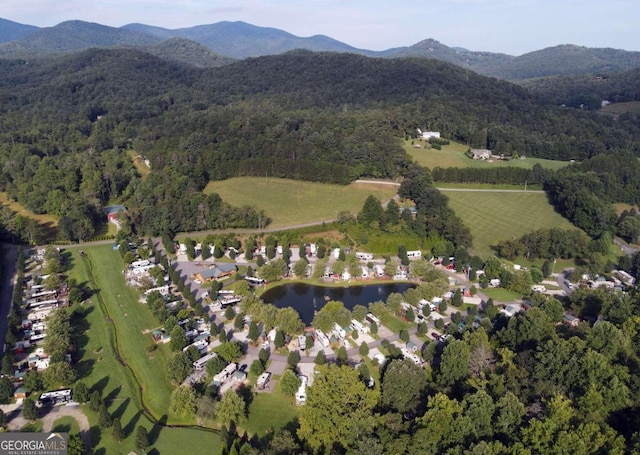 birds eye view of property featuring a water and mountain view