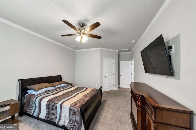 bedroom with ceiling fan, ornamental molding, and light colored carpet