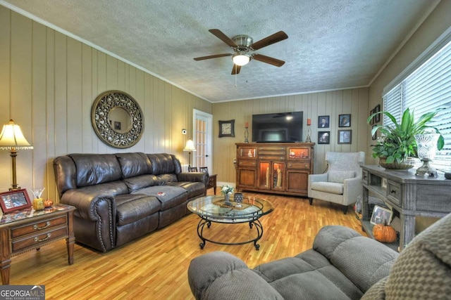 living room with light hardwood / wood-style flooring, ornamental molding, a textured ceiling, and ceiling fan