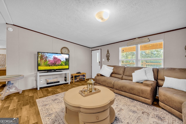 living room featuring crown molding, a textured ceiling, wood-type flooring, and vaulted ceiling