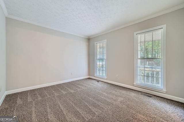 carpeted empty room featuring ornamental molding, a textured ceiling, and plenty of natural light