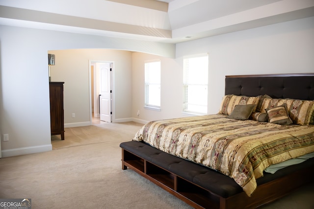 bedroom with light carpet