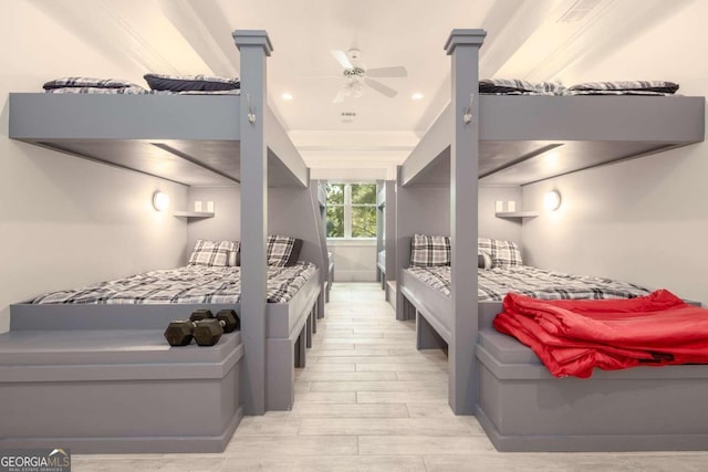 bedroom featuring light wood-type flooring and ceiling fan