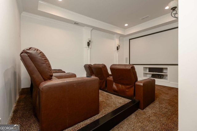 carpeted cinema with a raised ceiling, ornamental molding, and built in features