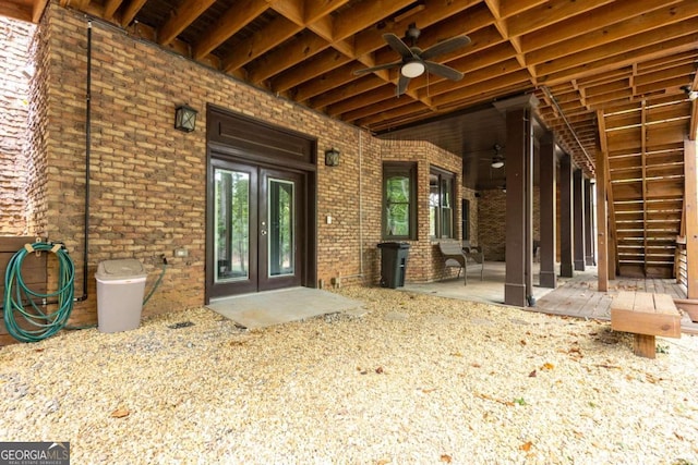 interior space featuring french doors, a patio, and ceiling fan