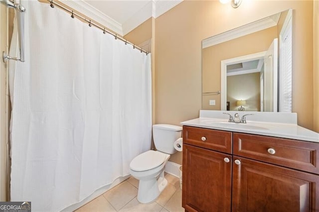 bathroom featuring toilet, tile patterned flooring, ornamental molding, curtained shower, and vanity