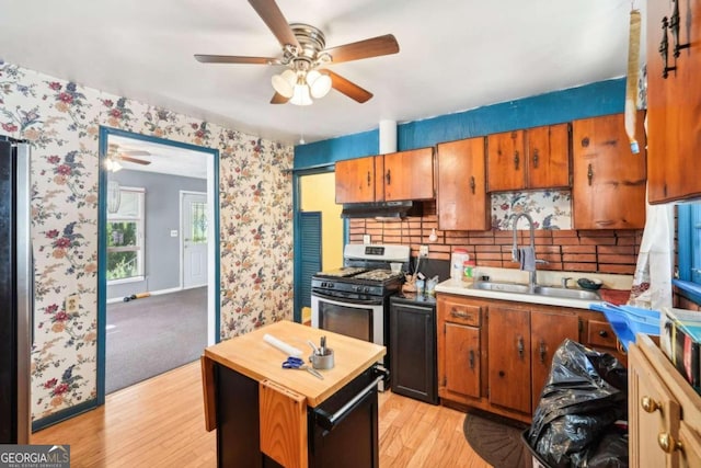 kitchen featuring decorative backsplash, sink, light wood-type flooring, appliances with stainless steel finishes, and ceiling fan