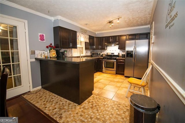 kitchen with ornamental molding, dark brown cabinets, stainless steel appliances, and a textured ceiling