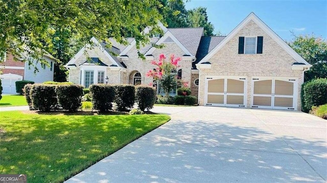 view of front of property with a front lawn and a garage