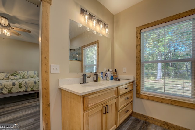 bathroom featuring vanity, hardwood / wood-style floors, ceiling fan, and plenty of natural light