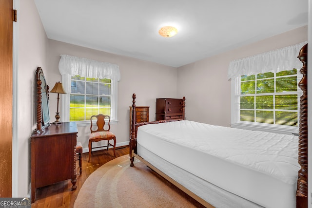 bedroom with multiple windows and wood-type flooring