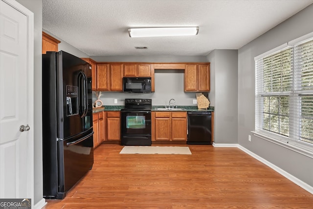 kitchen featuring light hardwood / wood-style flooring, black appliances, and a wealth of natural light