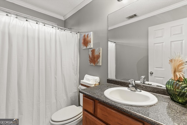 bathroom featuring a textured ceiling, walk in shower, toilet, ornamental molding, and vanity