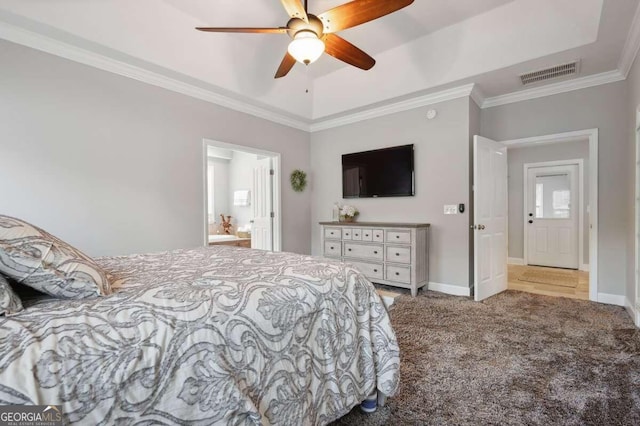 carpeted bedroom featuring ceiling fan and crown molding