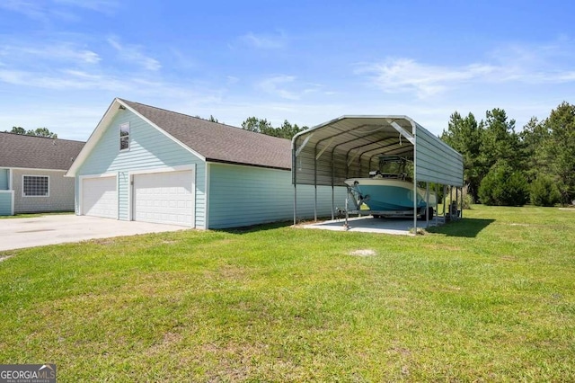 view of parking with a garage, a lawn, and a carport