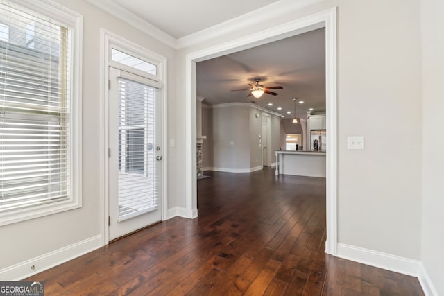 entrance foyer featuring ceiling fan, ornamental molding, and dark hardwood / wood-style floors