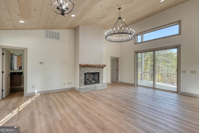 unfurnished living room with a stone fireplace, high vaulted ceiling, wooden ceiling, and light wood-type flooring