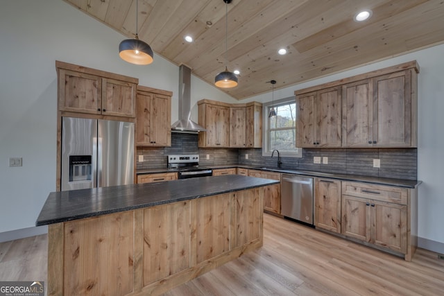 kitchen with wall chimney range hood, stainless steel appliances, wooden ceiling, vaulted ceiling, and decorative light fixtures