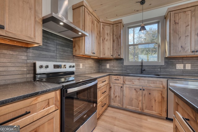 kitchen featuring decorative backsplash, wall chimney exhaust hood, light hardwood / wood-style flooring, stainless steel appliances, and sink