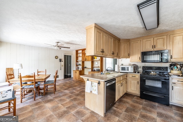 kitchen featuring black appliances, light brown cabinetry, a textured ceiling, kitchen peninsula, and ceiling fan