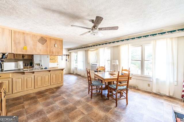 dining area with a textured ceiling and ceiling fan