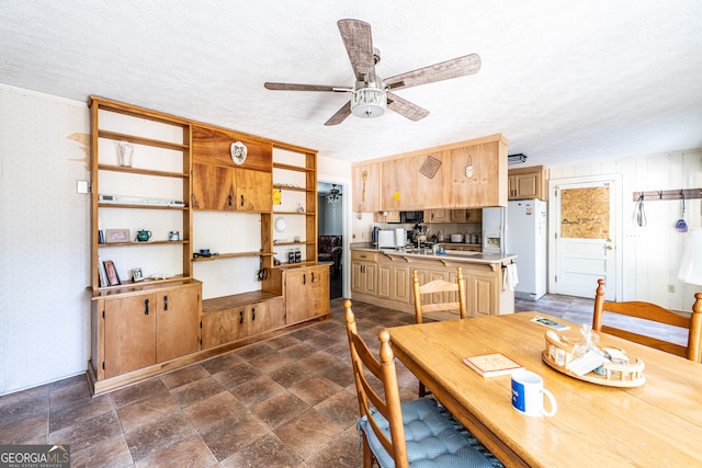 dining space featuring a textured ceiling and ceiling fan